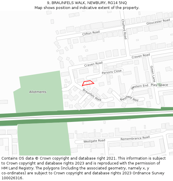 9, BRAUNFELS WALK, NEWBURY, RG14 5NQ: Location map and indicative extent of plot