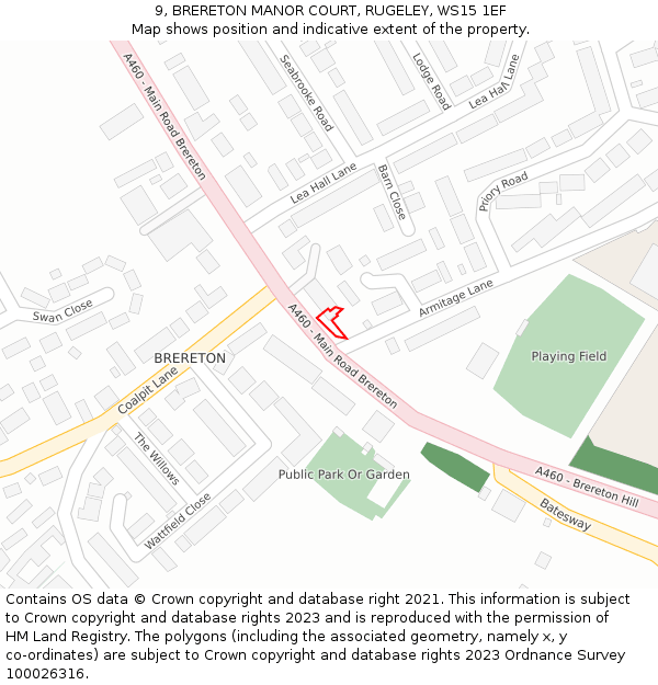 9, BRERETON MANOR COURT, RUGELEY, WS15 1EF: Location map and indicative extent of plot