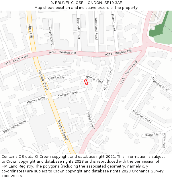 9, BRUNEL CLOSE, LONDON, SE19 3AE: Location map and indicative extent of plot