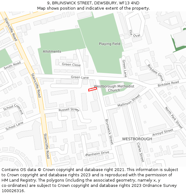 9, BRUNSWICK STREET, DEWSBURY, WF13 4ND: Location map and indicative extent of plot
