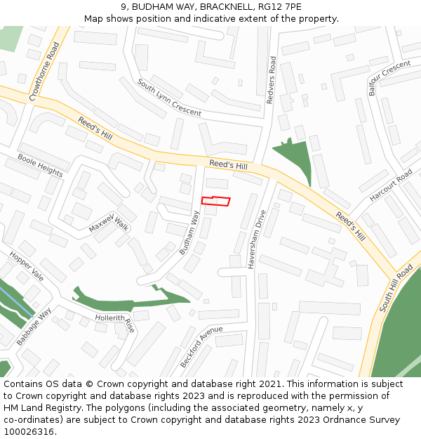 9, BUDHAM WAY, BRACKNELL, RG12 7PE: Location map and indicative extent of plot