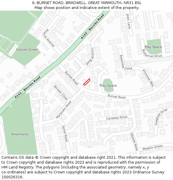 9, BURNET ROAD, BRADWELL, GREAT YARMOUTH, NR31 8SL: Location map and indicative extent of plot