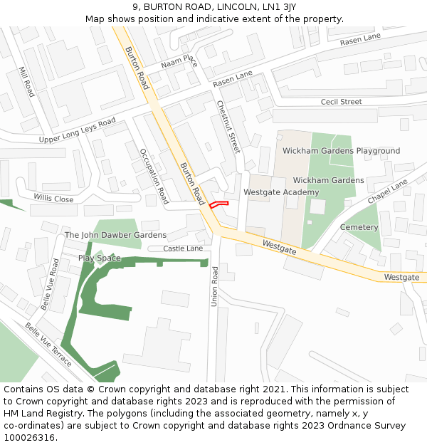 9, BURTON ROAD, LINCOLN, LN1 3JY: Location map and indicative extent of plot