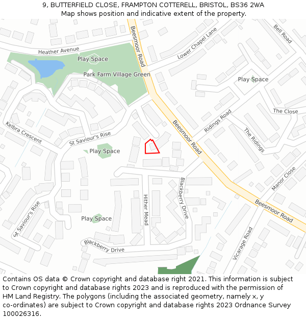 9, BUTTERFIELD CLOSE, FRAMPTON COTTERELL, BRISTOL, BS36 2WA: Location map and indicative extent of plot