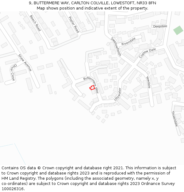 9, BUTTERMERE WAY, CARLTON COLVILLE, LOWESTOFT, NR33 8FN: Location map and indicative extent of plot