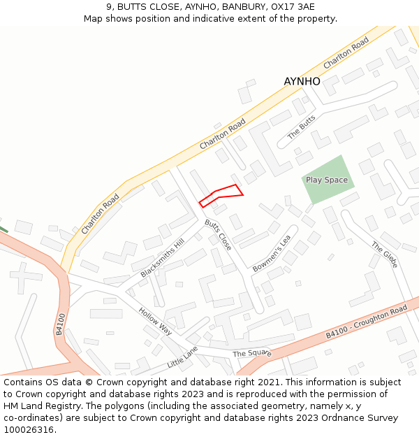 9, BUTTS CLOSE, AYNHO, BANBURY, OX17 3AE: Location map and indicative extent of plot