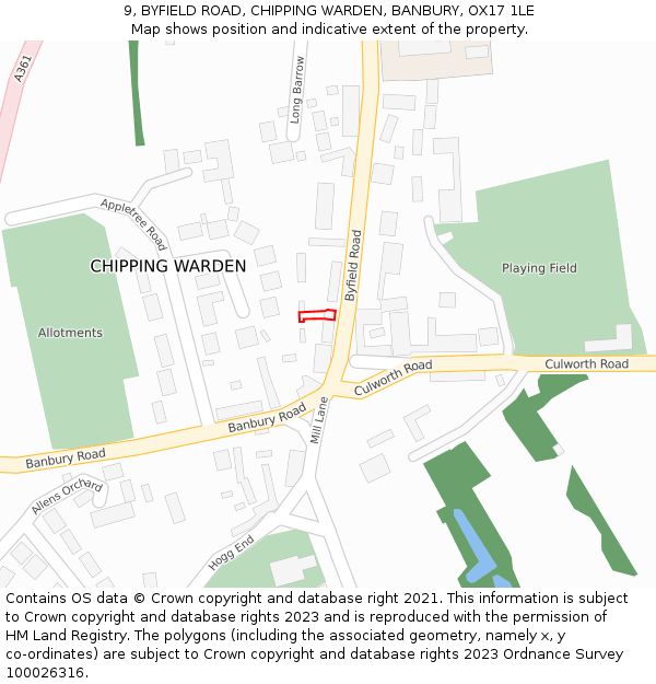 9, BYFIELD ROAD, CHIPPING WARDEN, BANBURY, OX17 1LE: Location map and indicative extent of plot