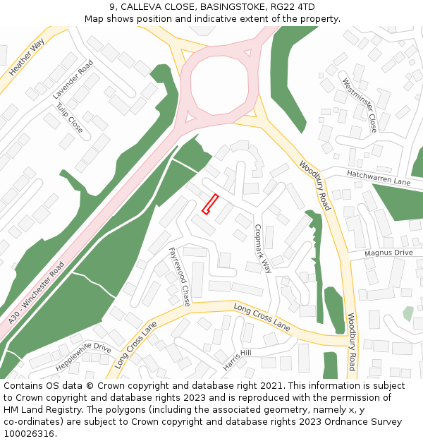 9, CALLEVA CLOSE, BASINGSTOKE, RG22 4TD: Location map and indicative extent of plot