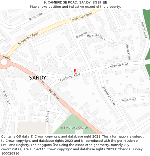 9, CAMBRIDGE ROAD, SANDY, SG19 1JE: Location map and indicative extent of plot