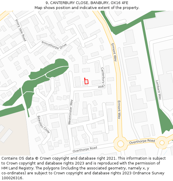 9, CANTERBURY CLOSE, BANBURY, OX16 4FE: Location map and indicative extent of plot