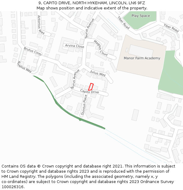 9, CAPITO DRIVE, NORTH HYKEHAM, LINCOLN, LN6 9FZ: Location map and indicative extent of plot