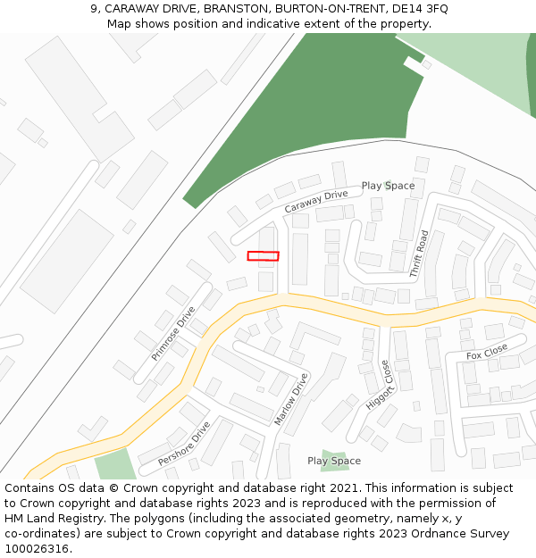 9, CARAWAY DRIVE, BRANSTON, BURTON-ON-TRENT, DE14 3FQ: Location map and indicative extent of plot