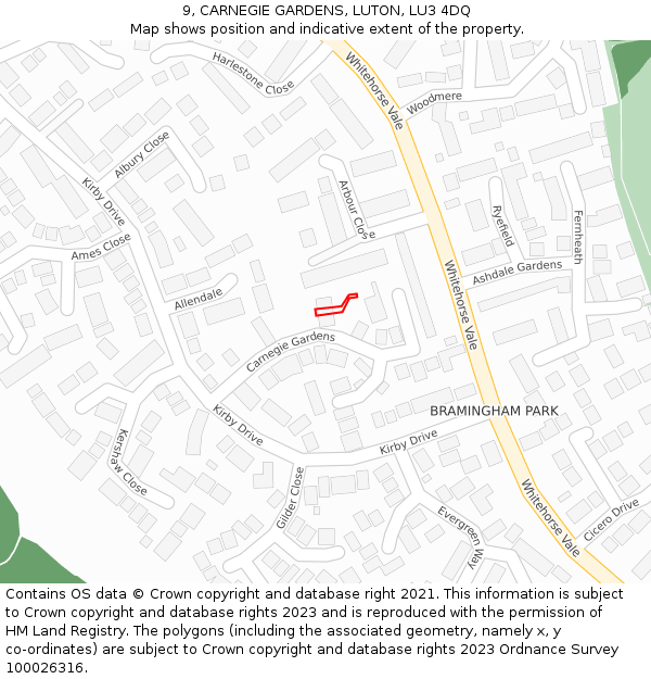 9, CARNEGIE GARDENS, LUTON, LU3 4DQ: Location map and indicative extent of plot