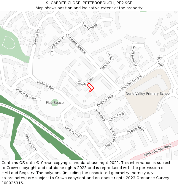 9, CARRIER CLOSE, PETERBOROUGH, PE2 9SB: Location map and indicative extent of plot