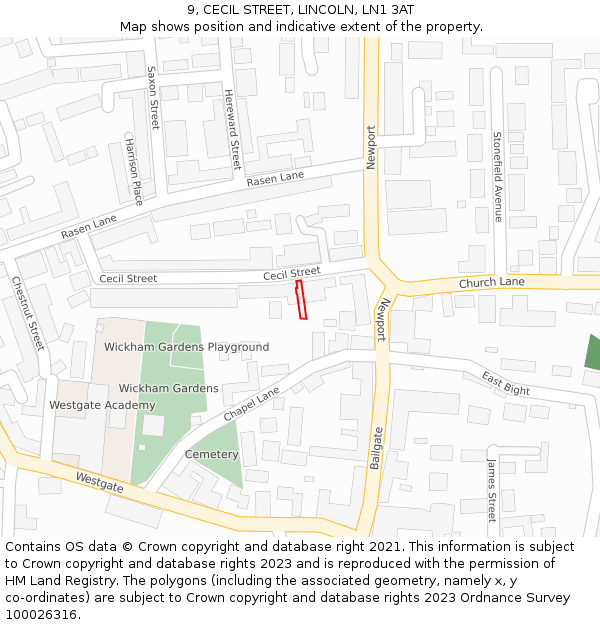 9, CECIL STREET, LINCOLN, LN1 3AT: Location map and indicative extent of plot