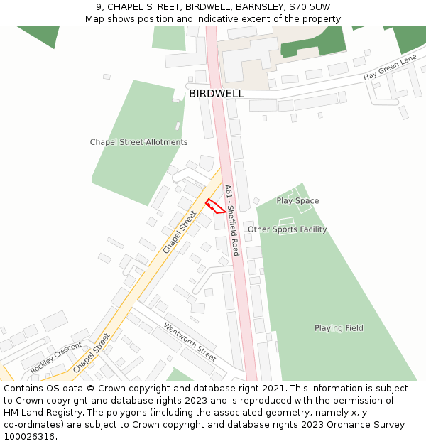 9, CHAPEL STREET, BIRDWELL, BARNSLEY, S70 5UW: Location map and indicative extent of plot