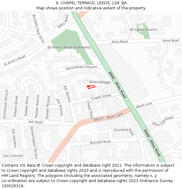 9, CHAPEL TERRACE, LEEDS, LS6 3JA: Location map and indicative extent of plot