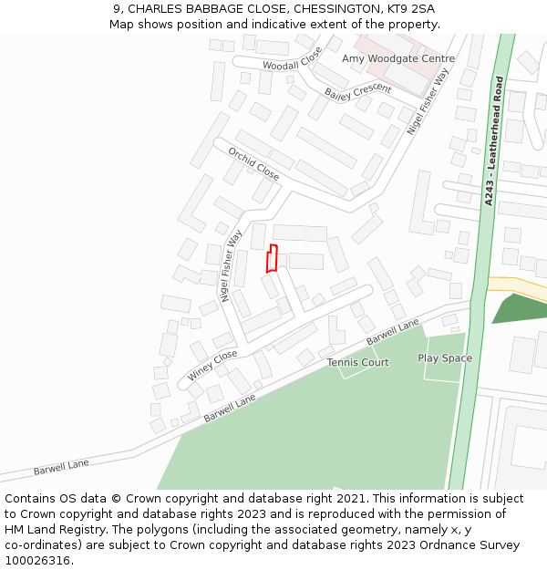 9, CHARLES BABBAGE CLOSE, CHESSINGTON, KT9 2SA: Location map and indicative extent of plot