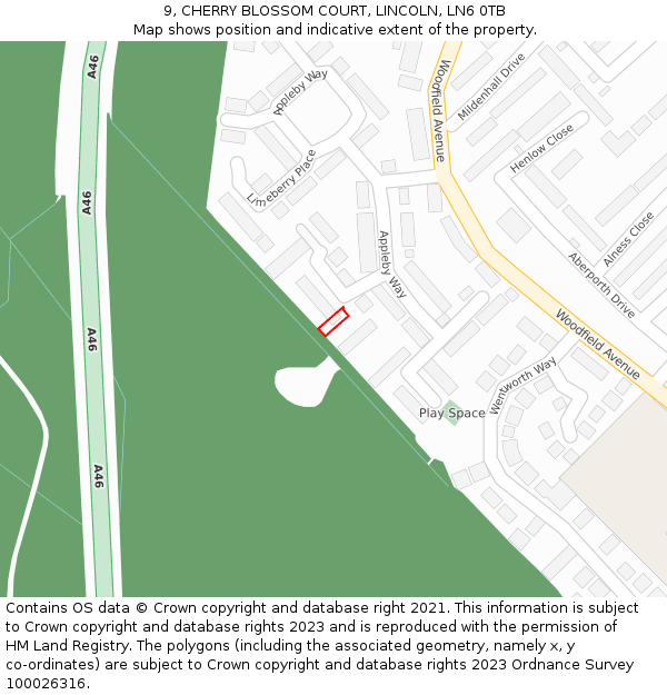 9, CHERRY BLOSSOM COURT, LINCOLN, LN6 0TB: Location map and indicative extent of plot