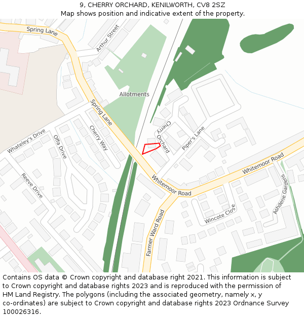 9, CHERRY ORCHARD, KENILWORTH, CV8 2SZ: Location map and indicative extent of plot