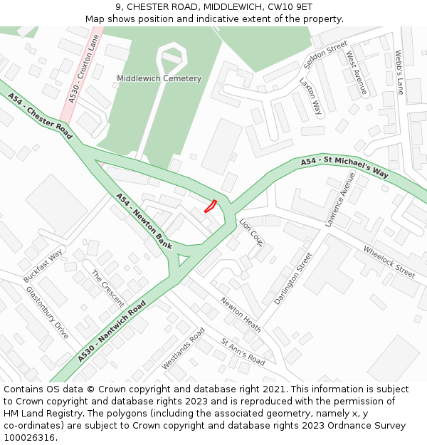9, CHESTER ROAD, MIDDLEWICH, CW10 9ET: Location map and indicative extent of plot