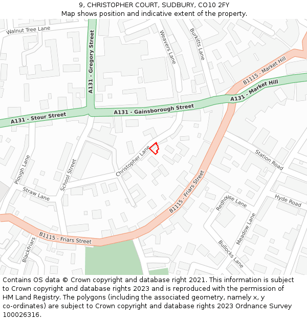 9, CHRISTOPHER COURT, SUDBURY, CO10 2FY: Location map and indicative extent of plot