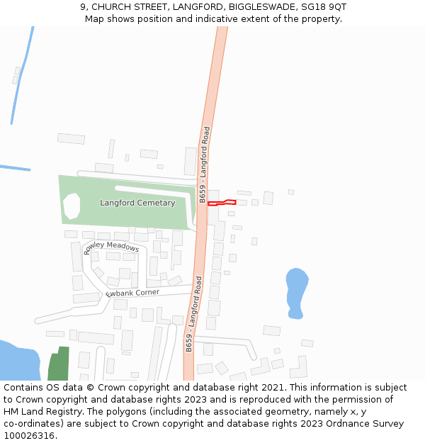 9, CHURCH STREET, LANGFORD, BIGGLESWADE, SG18 9QT: Location map and indicative extent of plot