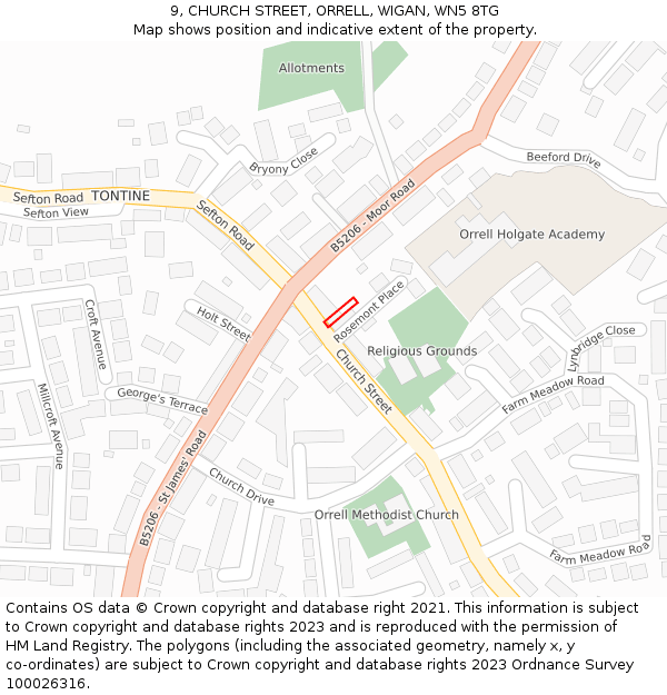 9, CHURCH STREET, ORRELL, WIGAN, WN5 8TG: Location map and indicative extent of plot