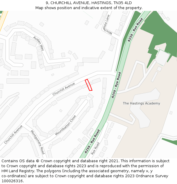 9, CHURCHILL AVENUE, HASTINGS, TN35 4LD: Location map and indicative extent of plot