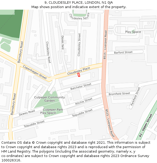 9, CLOUDESLEY PLACE, LONDON, N1 0JA: Location map and indicative extent of plot