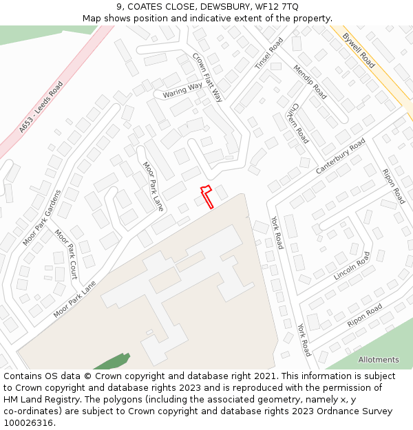 9, COATES CLOSE, DEWSBURY, WF12 7TQ: Location map and indicative extent of plot