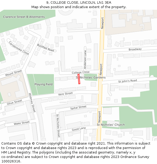 9, COLLEGE CLOSE, LINCOLN, LN1 3EA: Location map and indicative extent of plot