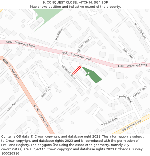 9, CONQUEST CLOSE, HITCHIN, SG4 9DP: Location map and indicative extent of plot