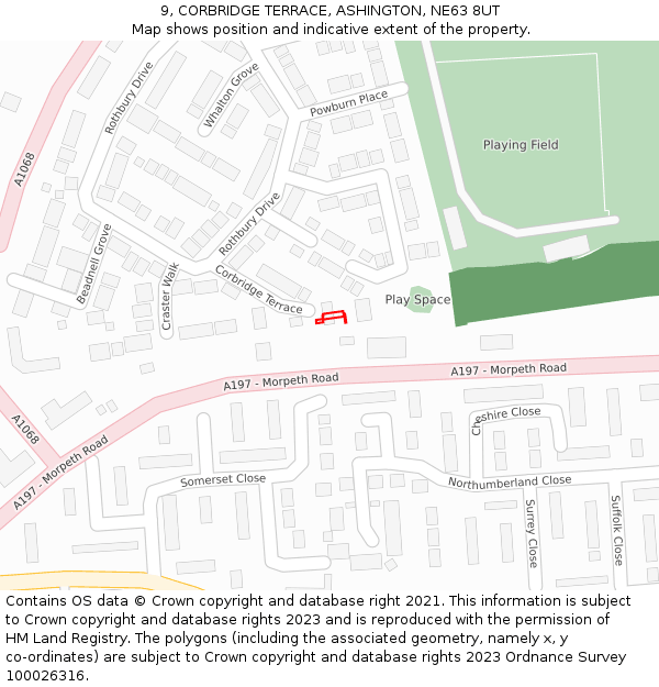 9, CORBRIDGE TERRACE, ASHINGTON, NE63 8UT: Location map and indicative extent of plot