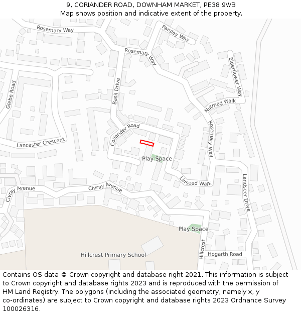 9, CORIANDER ROAD, DOWNHAM MARKET, PE38 9WB: Location map and indicative extent of plot
