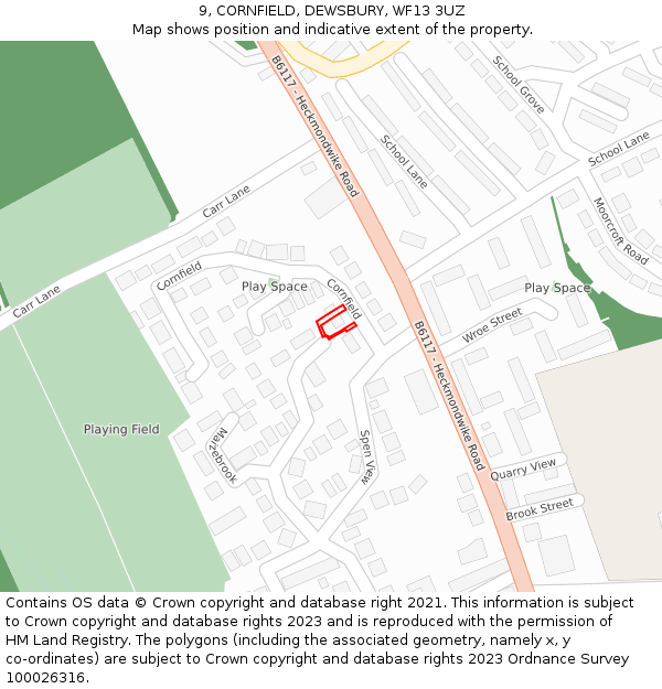 9, CORNFIELD, DEWSBURY, WF13 3UZ: Location map and indicative extent of plot