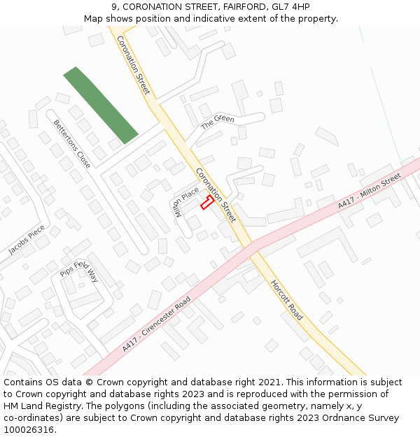 9, CORONATION STREET, FAIRFORD, GL7 4HP: Location map and indicative extent of plot