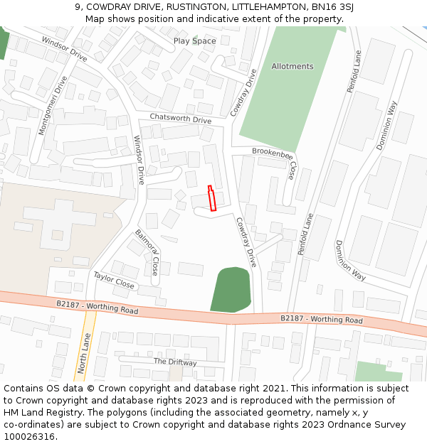 9, COWDRAY DRIVE, RUSTINGTON, LITTLEHAMPTON, BN16 3SJ: Location map and indicative extent of plot