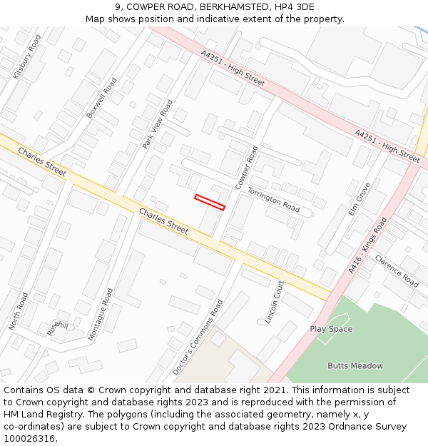 9, COWPER ROAD, BERKHAMSTED, HP4 3DE: Location map and indicative extent of plot