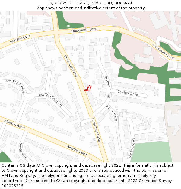 9, CROW TREE LANE, BRADFORD, BD8 0AN: Location map and indicative extent of plot