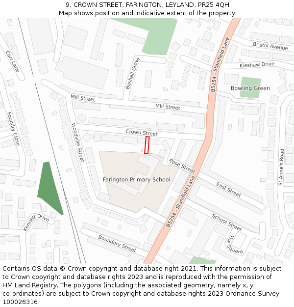 9, CROWN STREET, FARINGTON, LEYLAND, PR25 4QH: Location map and indicative extent of plot