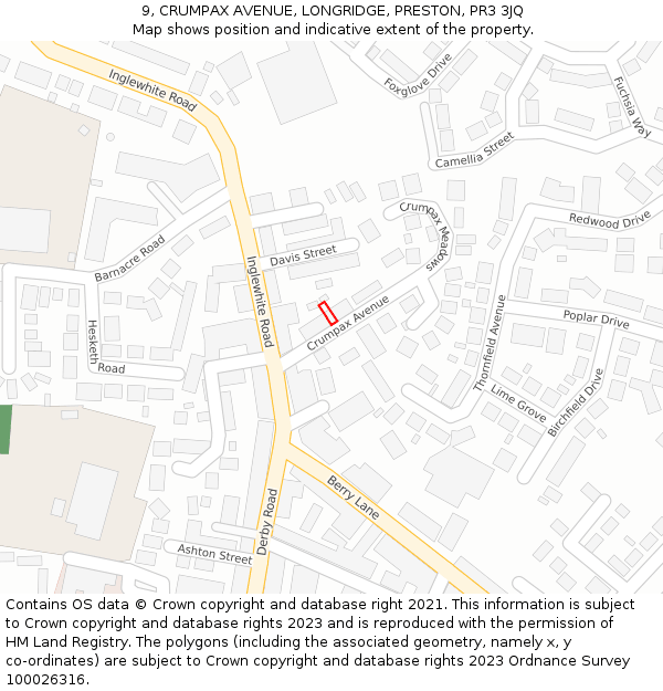 9, CRUMPAX AVENUE, LONGRIDGE, PRESTON, PR3 3JQ: Location map and indicative extent of plot