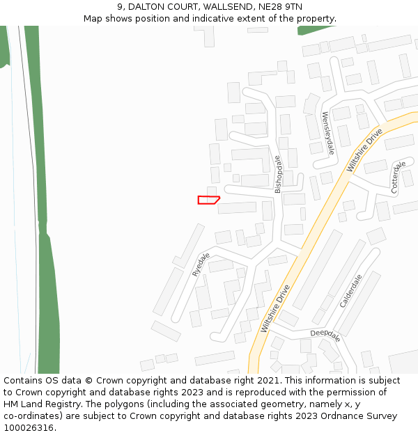 9, DALTON COURT, WALLSEND, NE28 9TN: Location map and indicative extent of plot