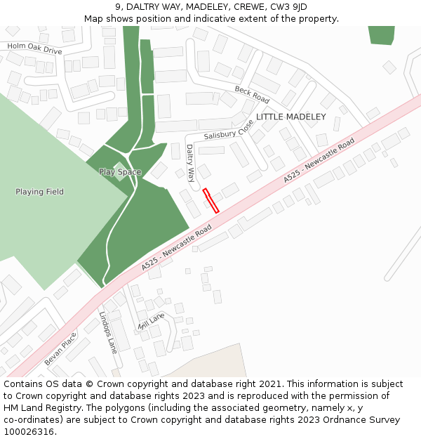 9, DALTRY WAY, MADELEY, CREWE, CW3 9JD: Location map and indicative extent of plot