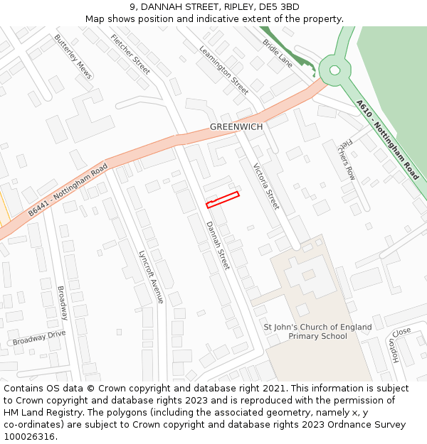 9, DANNAH STREET, RIPLEY, DE5 3BD: Location map and indicative extent of plot