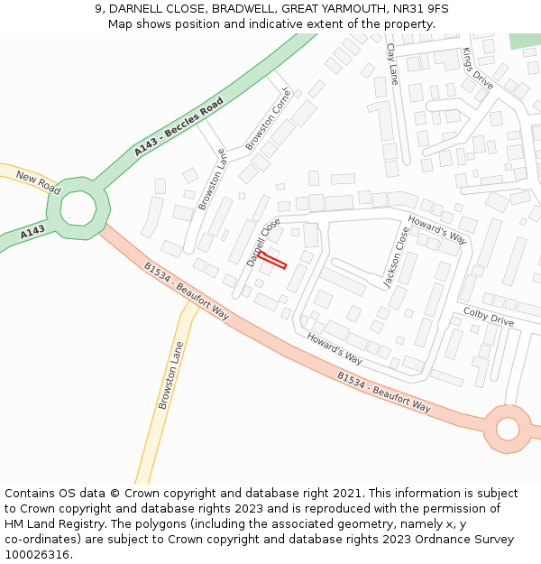 9, DARNELL CLOSE, BRADWELL, GREAT YARMOUTH, NR31 9FS: Location map and indicative extent of plot