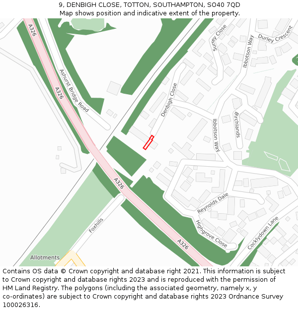 9, DENBIGH CLOSE, TOTTON, SOUTHAMPTON, SO40 7QD: Location map and indicative extent of plot