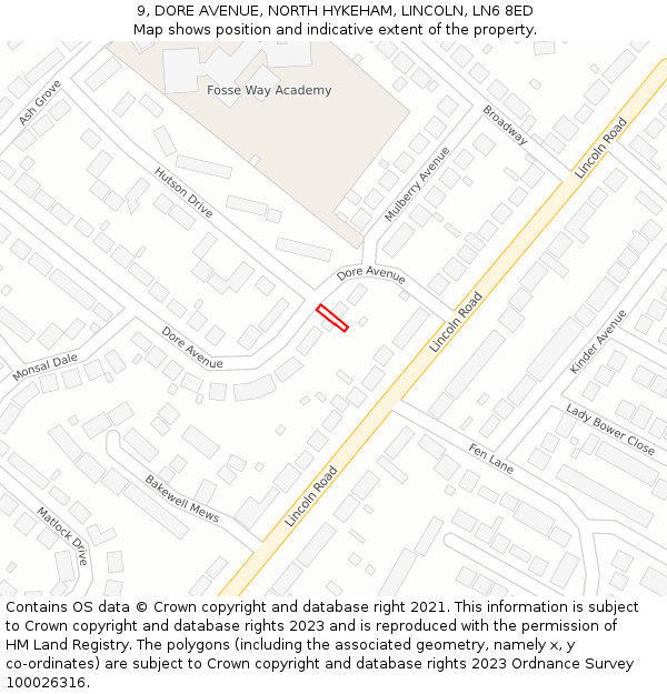 9, DORE AVENUE, NORTH HYKEHAM, LINCOLN, LN6 8ED: Location map and indicative extent of plot