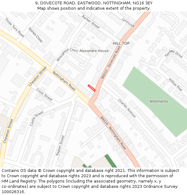 9, DOVECOTE ROAD, EASTWOOD, NOTTINGHAM, NG16 3EY: Location map and indicative extent of plot
