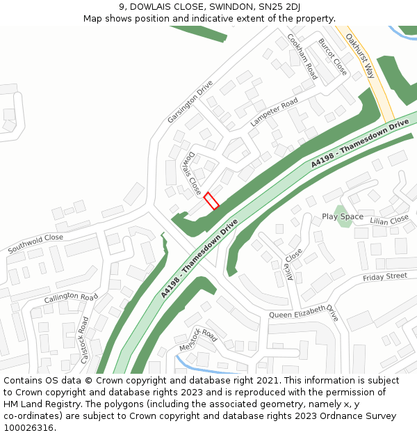 9, DOWLAIS CLOSE, SWINDON, SN25 2DJ: Location map and indicative extent of plot